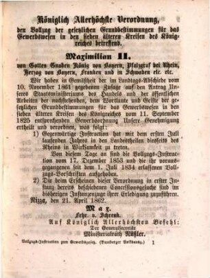 Sammlung der gewerblichen Bestimmungen des diesseitigen Lagerns mit Einschluß des Gewerbsteuergesetzes vom 1. Juli 1856 und der neuesten, in folge der Rammenverhandlungen von 1859, 61 ergangenen Allerhöchsten Vollzugsinstruktion zum Gewerbsgesetz, 2