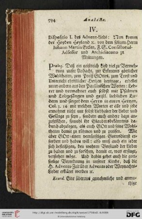 IV. Dispositio I. des Advent-Lieds: Nun komm der Heyden Heyland [et]c. von dem seligen Herrn Iohann Martin Ercken [...]