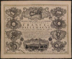 Grand Theatre de la Guerre sur les Frontieres de France & D'Allemagne ou carte nouvelle Du Cours Du Rhin et des Païs Circonvoisins : Contenant la haute & basse Alsace, le Palatinat, les electorats de Mayence, de Treves & une partie de Cologne, de Hesse, de Franconie, de Baviere, le cercle de Souabe, le duché de Wurtemberg, de Brisgaw, de Bade, de Suntgaw &c &c &c