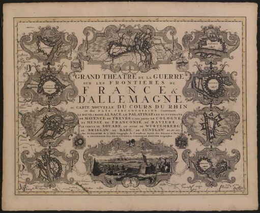 Grand Theatre de la Guerre sur les Frontieres de France & D'Allemagne ou carte nouvelle Du Cours Du Rhin et des Païs Circonvoisins : Contenant la haute & basse Alsace, le Palatinat, les electorats de Mayence, de Treves & une partie de Cologne, de Hesse, de Franconie, de Baviere, le cercle de Souabe, le duché de Wurtemberg, de Brisgaw, de Bade, de Suntgaw &c &c &c