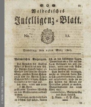 No. 11, Dienstag, den 17ten Merz 1807