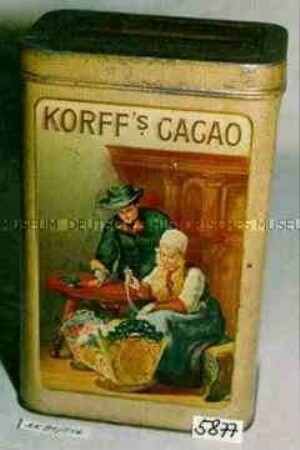Blechdose für "KORFF'S CACAO F. KORFF UND CO. CACAOFABRIKANTEN AMSTERDAM" (Abbildung eines jungen Paares vor Wiege)