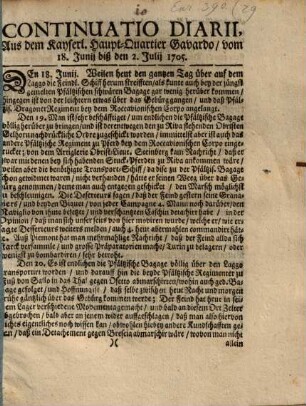 Continuatio Diarii aus dem Kayserlichen Hauptquartier Gavardo, vom 18. Junii bis den 2. Julii 1705