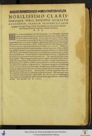 Nobilissimo clarissimoque viro, Philippo Huralto Chevernio…