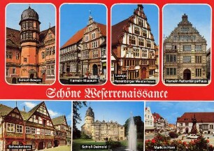 Postkarte. Schöne Weserrenaissance. Schloß Bevern, Hameln-Museum, Lemgo Heyenbürger Meisterhaus, Hameln Rattenfängerhaus, Schwalenberg, Schloß Detmold, Markt in Horn