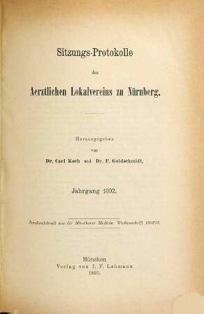 Sitzungs-Protokolle des Ärztlichen Lokalvereins zu Nürnberg. 1892