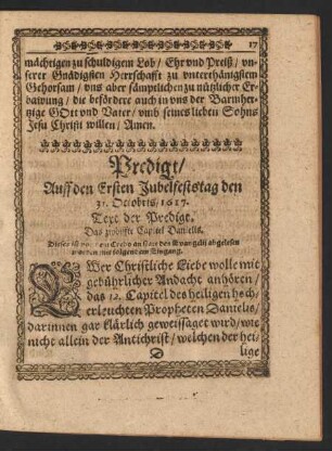 Predigt/ Auff den Ersten Jubelfeststag den 31. Octobris/ 1617.