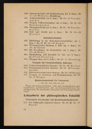 52-62, Lehrgebiete der philosophischen Fakultät