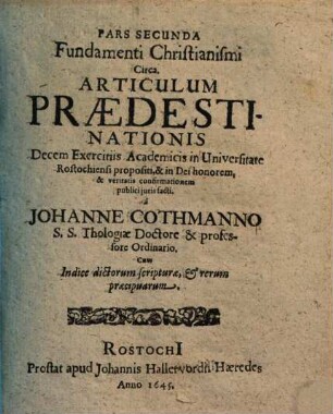 ... pars fundamenti Christianismi circa doctrinam praedestinationis ..., 2