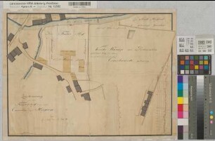 Herford (Herford) Fraterhof mit projektiertem Landarmenzucht- und Arbeitshaus Lageplan 1802 20 Ruten = 16,1 cm 38 x 51,5 kol. Zeichnung Abtei Herford, Akten XXXIX Nr. 9a (aufgelöst)