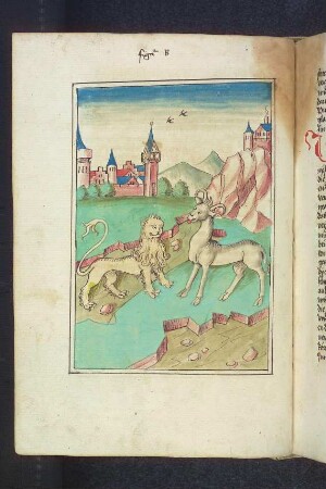 Dimna vor dem Löwen; (Kapitel II: Von dem Löwen und dem Ochsen)