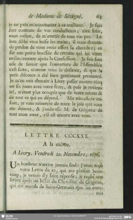 Lettre CCCXXX. A la même. A Livry, Vendredi 20. Novembre, 1676