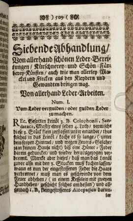 Siebende Abhandlung. Von allerhand schönen Leder- Bereitungen/ Kürschnereyen: und Schön- Färberey- Künsten/ ...
