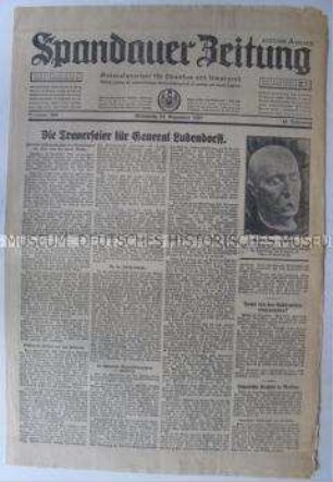 Tageszeitung "Spandauer Zeitung" zur Beisetzung von General a.D. Ludendorff