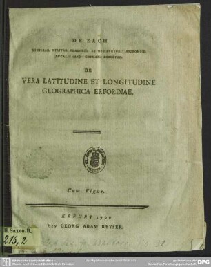 De Zach ...De Vera Latitudine Et Longitudine Geographica Erfordiae : Cum Figur