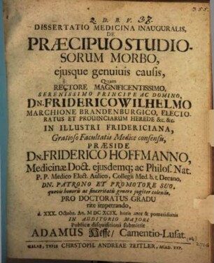 Diss. ... inaug. de praecipuo studiosorum morbo