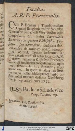 Facultas A. R. P, Provincialis; Approbatio Censorum Ordinis.