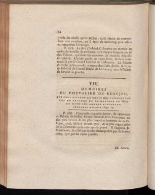 VIII. Memoires Du Chevalier de Beaujeu, [...]