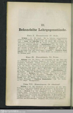 III. Behandelte Lehrgegenstände