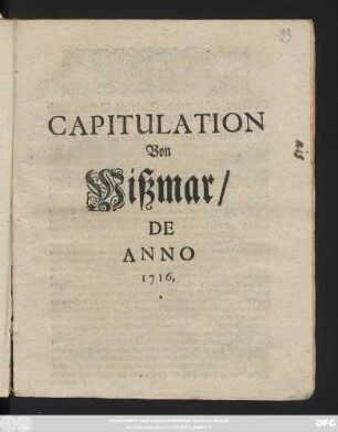 Capitulation Von Wißmar, De Anno 1716.