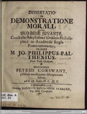Dissertatio de demonstratione morali, quam Deo bene juvante
