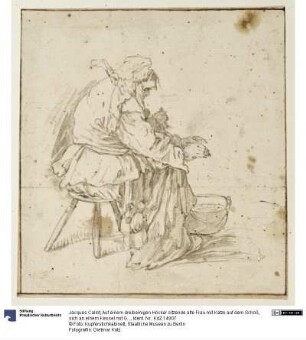 Auf einem dreibeinigen Hocker sitzende alte Frau mit Katze auf dem Schoß, sich an einem Kessel mit Glut wärmend