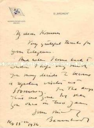 Handschriftlicher Brief von Lord Beaverbrook an Rudolf Kommer von Bord des Schiffes "Bremen"