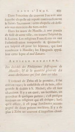 Article douzieme. Des évêchés des Philippines suffragans de Manille ...