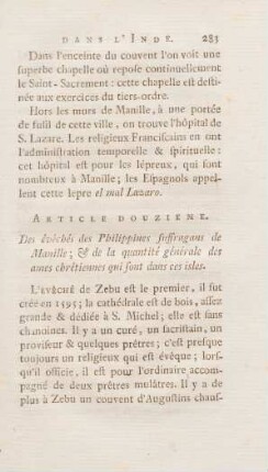Article douzieme. Des évêchés des Philippines suffragans de Manille ...