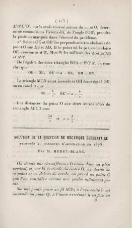 Solution de la question de mécanique élémentaire proposée au concours d'agrégation en 1876.