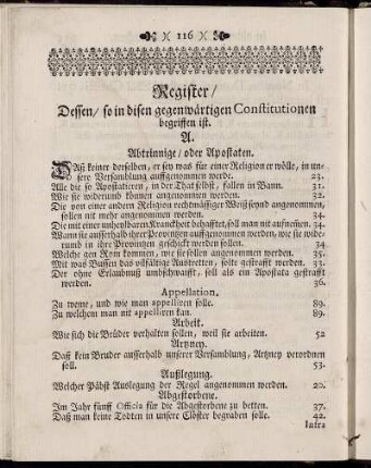 Register/ Dessen/ so in disen gegenwärtigen Constitutionen begriffen ist