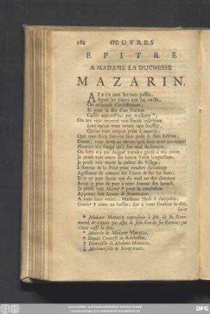 Epitre A Madame La Duchesse Mazarin.