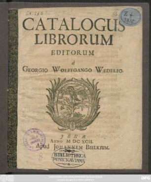 Catalogus Librorum Editorum a Georgio Wolffgango Wedelio