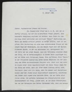 Brief von Harry Kessler an Gerhart Hauptmann