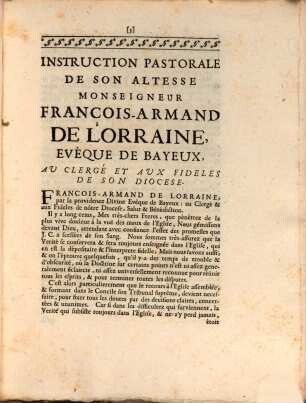 Instruction Pastorale de son Altesse Monseigneur François Armand de Lorraine au Clergé et aux Fidèles de son Diocèse