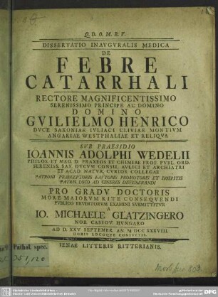 Dissertatio Inauguralis Medica De Febre Catarrhali