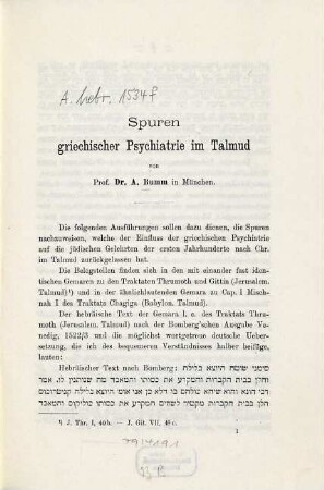 Spuren der griechischer Psychiatrie im Talmud : [Kopft.]