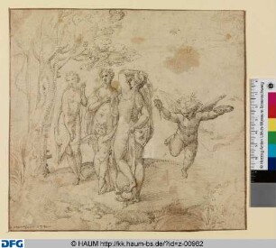Das Urteil des Paris (Juno, Venus, Minerva mit Amor sowie ein schwebender Putto mit Lorbeerkranz); Skizze von Arm und Brust einer Frau
