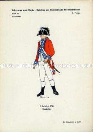 Uniformdarstellung, Musketier des 2. Infanterie-Regiment, Kurfürstentum Hannover, um 1791.