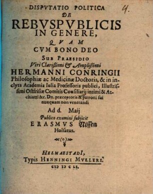 Disputatio Politica De Rebuspublicis In Genere