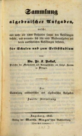 Sammlung arithmetischer und algebraischer Aufgaben, 2. Sammlung algebraischer Aufgaben