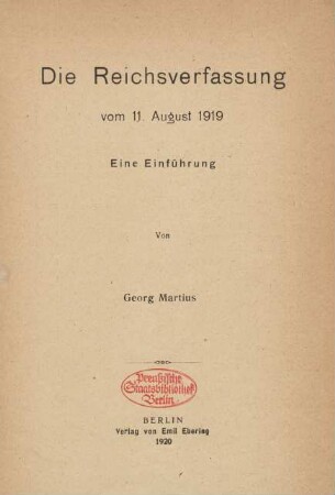 Die Reichsverfassung vom 11. August 1919 : eine Einführung