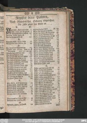 Register derer Psalmen, Nach Alphabetischer Ordnung eingerichtet. Die Ziffer zeiget den Psalm an.
