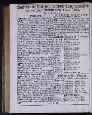 Nachricht der Predigten, Gerichts-Tage, Verlassungen und Jahr-Märckte dieses 1749. Jahrs, In Hamburg.
