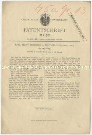 Patentschrift eines Kehrpfluges, Patent-Nr. 21328