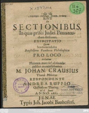 [...] Sive De Sectionibus, In quas prisci Judaei Pentateuchum diviserunt, Exercitatio