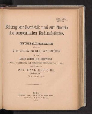Beitrag zur Casuistik und zur Theorie des congenitalen Radiusdefectes.