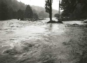 Gottleubatal. Hochwasserkatastrophe 23.07.1957. Überflutete Talstraße zwischen Langenhennersdorf und Pirna-Neundorf