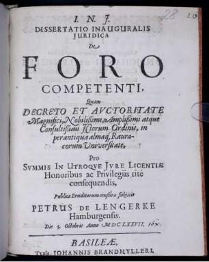 Dissertatio Inauguralis Iuridica De Foro Competenti