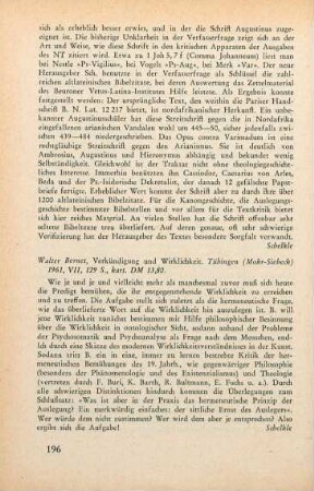 196 [Rezension] Bernet, Walter, Verkündigung und Wirklichkeit